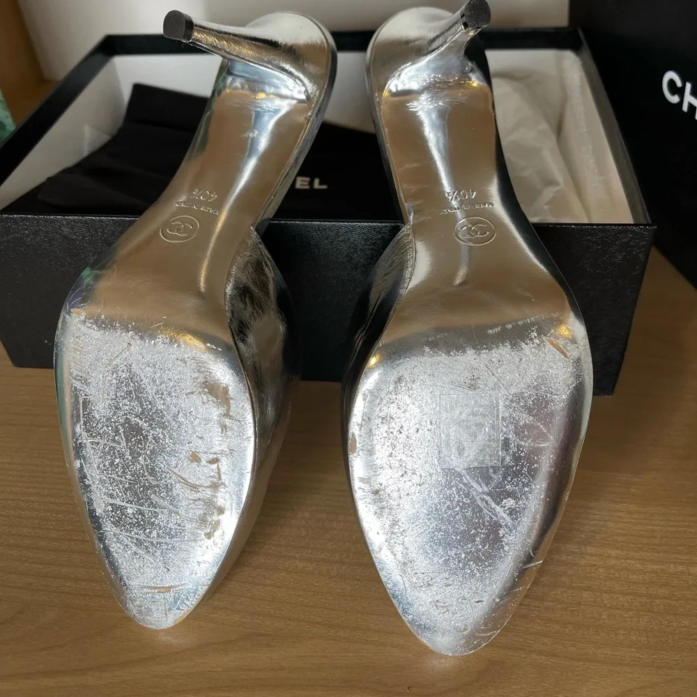 Chanel silver mules